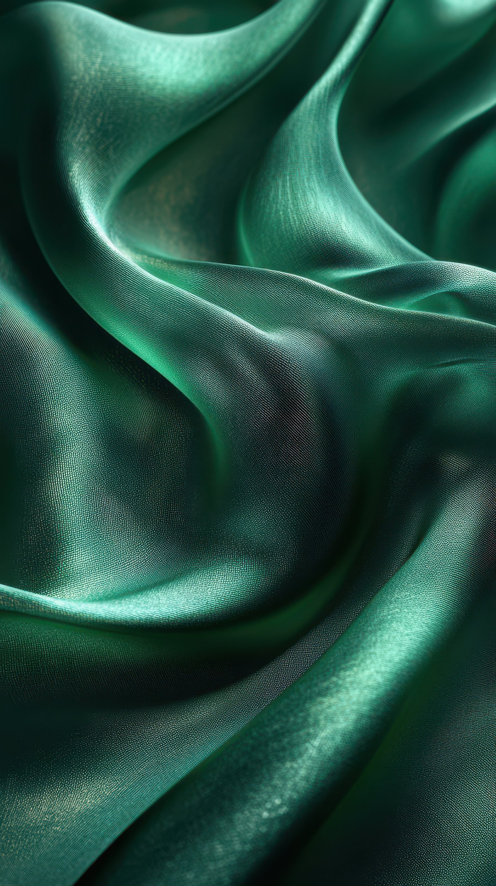 Satin fabric in deep green color drapes elegantly showcasing its smooth texture and lustrous sheen under soft lighting